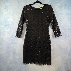 Gianni Bini Black Sequin Scalloped Cocktail Dress Womens Medium 3/4 Sleeve Mini